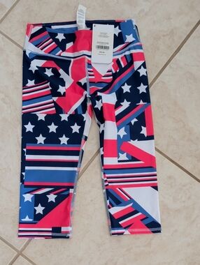 Girls Fabletics Navy, Pink, White & Blue Star Stripe Capri Leggings